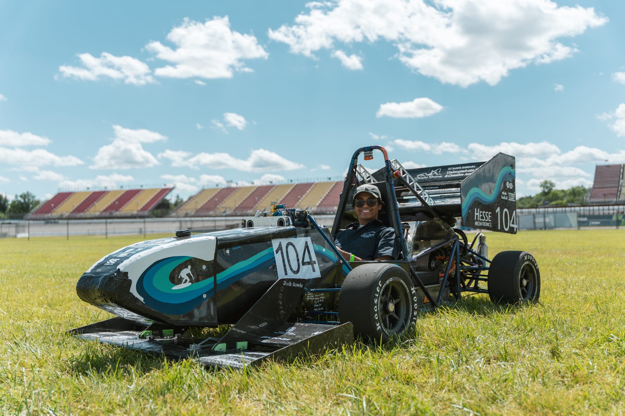 Jeremy Sevilla in the Gaucho Racing Formula SAE car, #104, on track
